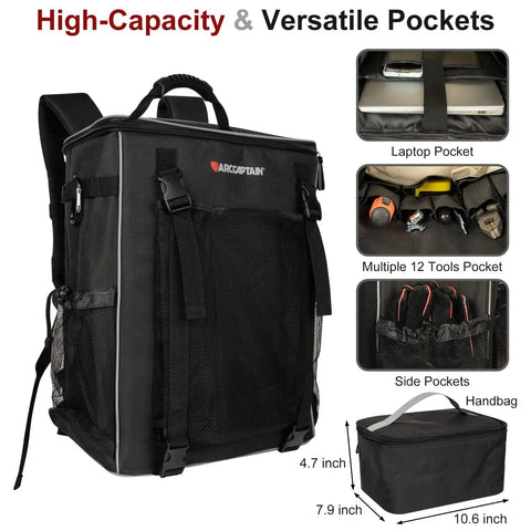 Welding Tools Backpack With Ultra Lightweight Design showing laptop and tools in pockets, durable black nylon material.
