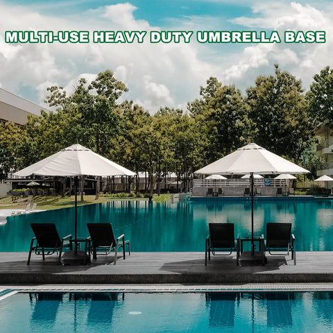 Heavy Duty Patio Umbrella Base With Wheels For Outdoor Square Market Stand by the pool with chairs and trees in background.