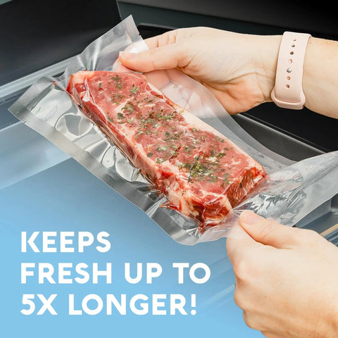 Chamber Vacuum Sealer Bags Heavy Duty BPA Free Pre Cut Pouches For Food Preservation And Freezer Storage with steak inside