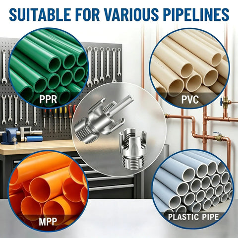 3Pc PVC Pipe Threader Kit For 1/2 Inch Up To 1 Inch Plastic Tubing with various pipeline types shown.