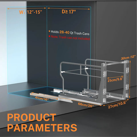 Premium Slick Under Cabinet Trash Pull Out Organizer Rack With Silent Soft Close Slides for 12x15 in openings with measurements