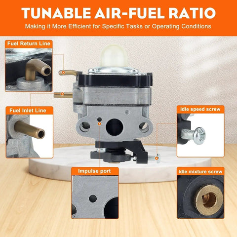 Carburetor Kit For Ryobi 25cc 2 Cycle String Trimmers RY251PH RY252CS RY253SS RY254BC With Air Filter Fuel Line Primer Bulb And Spark Plug Replacement showing fuel lines and adjustment screws