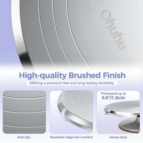 Close-up of Heavy Duty Aluminum Cake Turntable With Anti Slip Surface Ohuhu 12 Inch Rotating Decorating Stand, brushed finish.