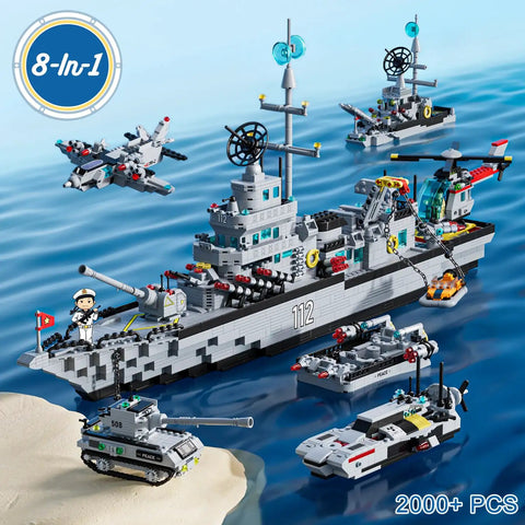 Massive 8 In 1 Military Battleship Building Set with 31.5 Inch Navy Warship Model and 2000 Pieces, showcasing cruiser and aircraft