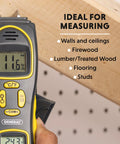 Pin And Pinless Moisture Meter With Temperature And Humidity Water Leak Detection Tool For Homes Mold Prevention And Drywall Repair Fast Accurate Moisture Readings For DIYers And Renovations, showing measurement for walls and ceilings.