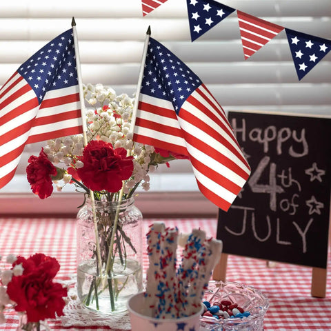 All American Flags On Sticks 12 By 18 Inch 12 Pack With 6 World Cup Themed Flags arranged in vase, 4th of July decor