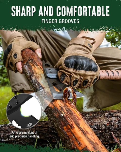 12 Inch Camping Axe And Survival Hatchet With Sheath For Rugged Outdoor Tasks chopping wood, finger grooves visible