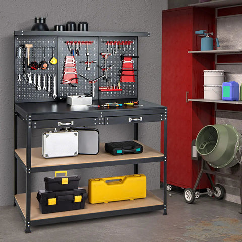 Heavy Duty 48 Inch Work Bench With Pegboard Storage 4 Tier Metal Tool Storage Bench 2 Drawers Hanging Accessories