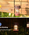 Two Pack Solar Lanterns Outdoor Lighting For Patio And Garden, Waterproof Hanging Lights With Retro Warm Glow, showing day and night auto charging and working modes.