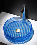 USZWBY Bathroom Vessel Sink Vanity Glass Vessel Bowl Sink Cylindrical Countertop Sink Bowl Above Counter Sink Art Basin with Faucet and Pop Up Drain in blue crystal finish.