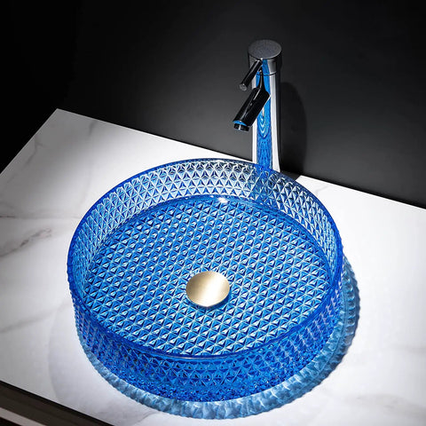 USZWBY Bathroom Vessel Sink Vanity Glass Vessel Bowl Sink Cylindrical Countertop Sink Bowl Above Counter Sink Art Basin with Faucet and Pop Up Drain in blue crystal finish.