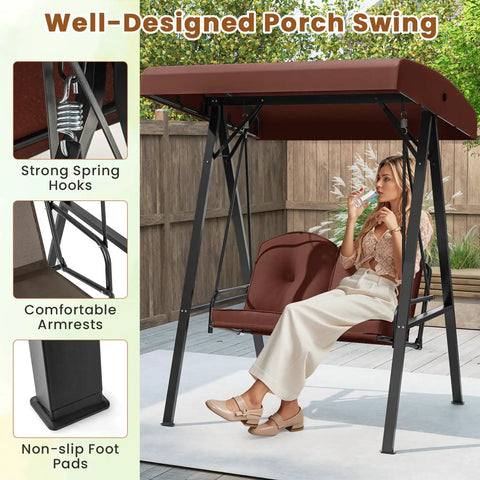 Two Person Patio Porch Swing With Adjustable Canopy Heavy Duty Metal Frame Comfy Cushions Outdoor Garden Swing in Backyard
