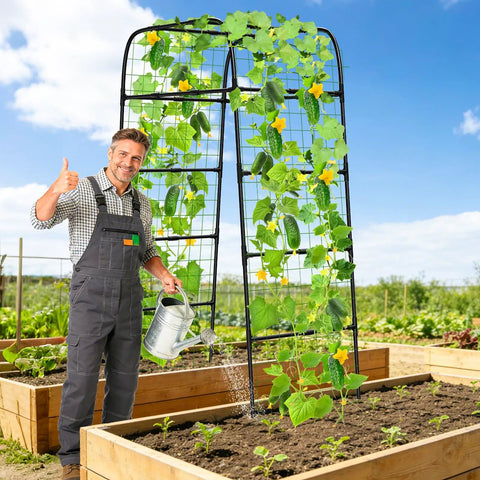 Gardener tending plants on 7ft Garden Arch Trellis For Climbing Plants Tough As Nails Heavy Duty Steel Outdoor Arbor in raised bed