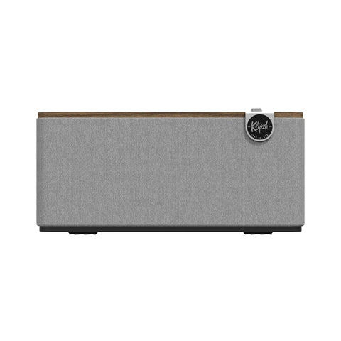 Front view of Premium Tabletop Bluetooth Speaker System with walnut veneer and tactile controls, no details visible.
