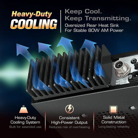 RCI-39VHP Plus 10 Meter Amateur Radio cooling system with oversized rear heatsink for stable 80W AM power.