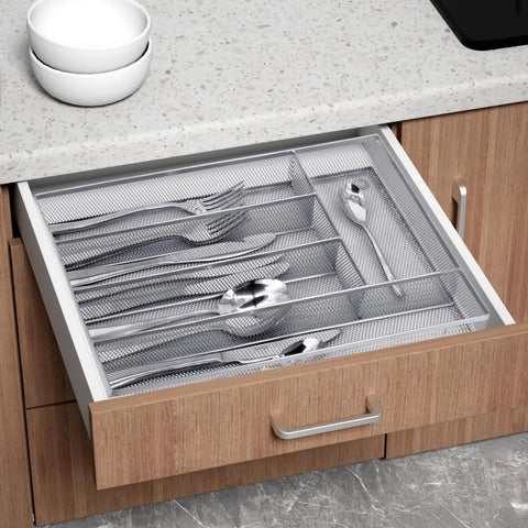Five Compartment Mesh Silverware Drawer Organizer With Non Slip Foam Feet shown installed in kitchen drawer with utensils sorted neatly.