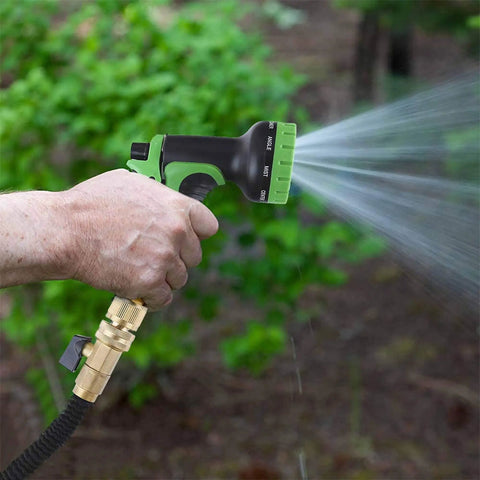 Person using hose with Brass Garden Hose Quick Connect Fittings Three Quarter Inch GHT Leak Proof No Rust No Breakage No Fuss Easy