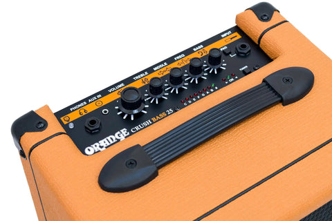 Close-up of the Orange Crush Bass 25 Watt 8 Inch Bass Amp And Speaker Combo with knobs and handle, in orange.