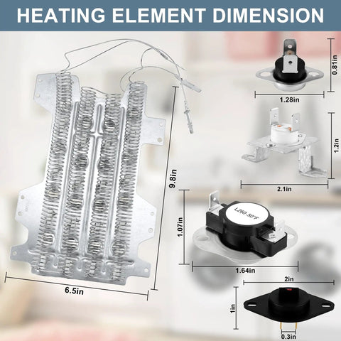 3 Wire Dryer Heating Element Kit Replacement With Thermal Fuse And Thermostat For Samsung Dryers, includes dimensions