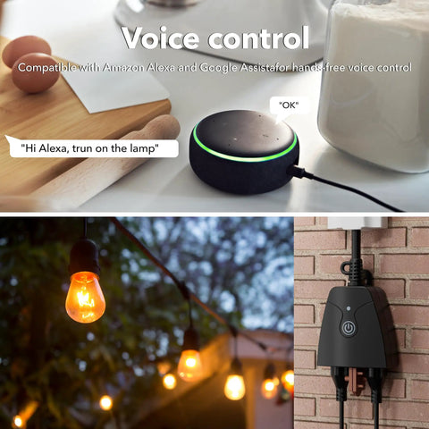 Voice control instructions featuring Outdoor Smart WiFi Plug Set With Two Grounded Outlets, Heavy Duty Timer, Works With Alexa and Google Assistant.