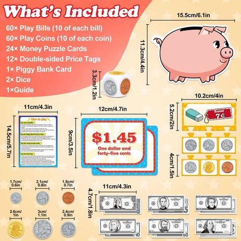 Kid Friendly Money Mastery Activity Set For Learning And Hands On Pretend Play, illustrated contents with sizes and materials shown