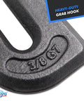 Close-up of Heavy Duty Weld On Grab Chain Hook Three Eighths Inch G70 Forged Steel Tow Hook showing 3/8 marking