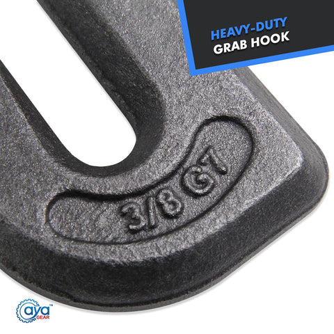Close-up of Heavy Duty Weld On Grab Chain Hook Three Eighths Inch G70 Forged Steel Tow Hook showing 3/8 marking