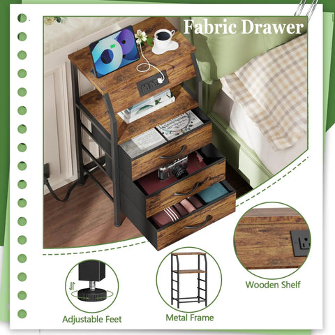 Night Stand With Built In Charging Station And USB Ports, 28.3 Inch Tall Bedside Table With Wood Shelf And 3 Fabric Drawers