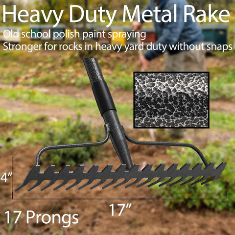Heavy Duty Metal Garden Rake With 17 Prongs, 17 Inch Wide And 50 Inch Long Handle, Rustproof And Skidproof for yard cleanup