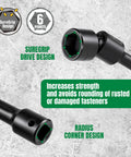 Three Eighths Inch Drive Pinless Universal Impact Extension Socket Set Built From Cr-Mo Steel For Maximum Torque And Flexible Reach In Tight Engine Bays, 360 Degree Rotation, 26 Degree Tilt, Durable Alloy Construction showing SureGrip drive design