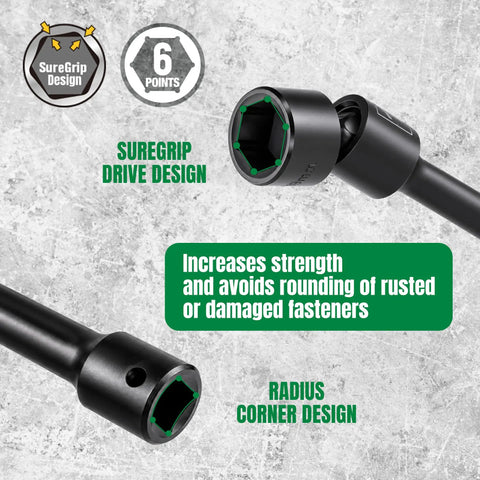 Three Eighths Inch Drive Pinless Universal Impact Extension Socket Set Built From Cr-Mo Steel For Maximum Torque And Flexible Reach In Tight Engine Bays, 360 Degree Rotation, 26 Degree Tilt, Durable Alloy Construction showing SureGrip drive design
