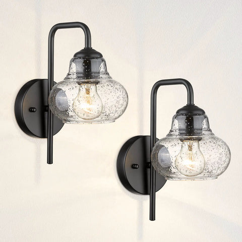 Rustic Wall Sconces Set Of 2 with hand blown bubble glass shades, modern matte black vanity lights for soft ambient glow