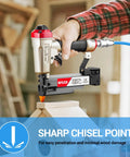 Hella Sturdy Three Eighths Inch 23 Gauge Pin Nails In 304 Stainless Steel Micro Headless Finish Nails For Nail Gun Trim Carpentry And Fine Woodworking Crafts 1500 Piece Pack with sharp chisel point nail gun in use.