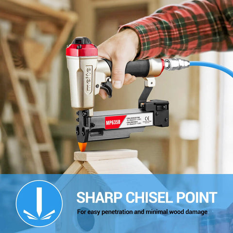 Hella Sturdy Three Eighths Inch 23 Gauge Pin Nails In 304 Stainless Steel Micro Headless Finish Nails For Nail Gun Trim Carpentry And Fine Woodworking Crafts 1500 Piece Pack with sharp chisel point nail gun in use.