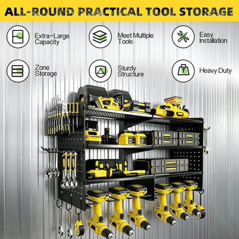 Heavy Duty Tool Wall Mount Organizer Four Tier Steel Rack With Drill Tools Holder And Hooks 400 Lbs Capacity Garage Storage