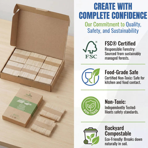 Totally Splinter Free Popsicle Sticks Bulk Pack Of 300 Natural Wood Craft Sticks 4.5 Inches Long in a cardboard box with safety certifications.