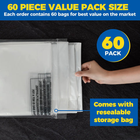 Hand holding 60 Pack 40 Inch Clear Garment Bags For Dry Cleaning Easy Clip On Plastic Clothes Covers For Hanging Suits Coats Shirts And Pants Wrinkle Free Protection During Travel And Storage