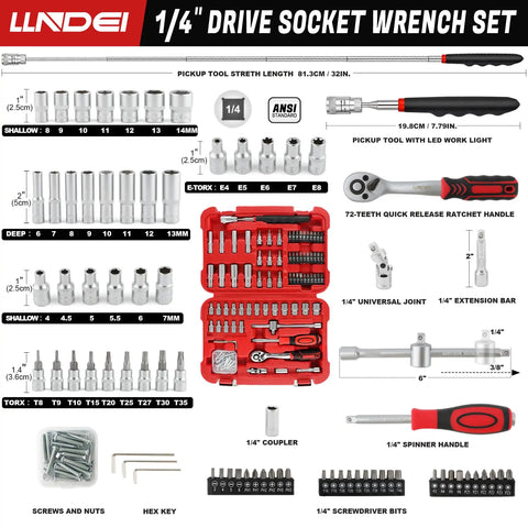 106-Piece 1/4 Inch Drive Socket Set With Wrench, Chrome Vanadium Steel, Includes Shallow And Deep Sockets, Torx And Screw Bits
