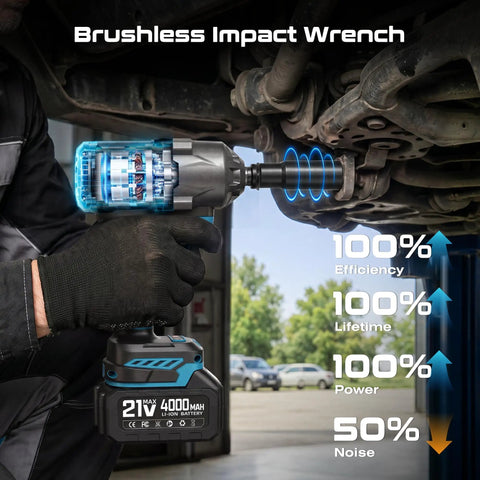 Impact Wrench 1500 Nm Brushless Cordless High Torque With Dual 4Ah Batteries, 4 Speed Settings, 3500 RPM, Half Inch Drive For Cars Trucks And Heavy Duty Truck Repairs used under car