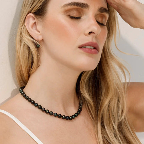 Black Akoya Japanese Pearl Necklace For Women, 14K Gold Strand, 18 Inch, 8.5 To 9.0 Millimeters Genuine Cultured Pearls, worn close-up