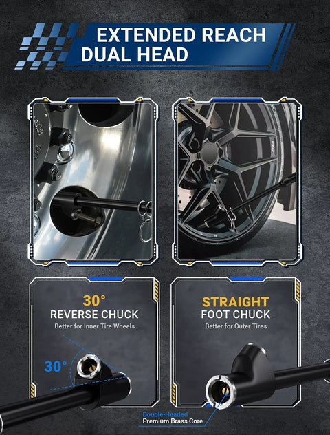 Dual Head Tire Pressure Gauge Two Pack Built Like A Tank For Trucks RVs And Cars 10 To 150 PSI 1 To 10 Bar With Valve Cores And Valve Caps Brass Core Zinc Alloy Chuck Durable Weatherproof; extended reach dual head chuck