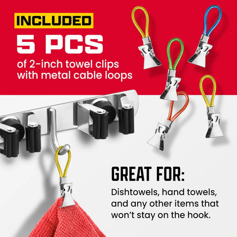 Wall Mount Broom And Mop Organizer With 4 Clamps 3 Hooks 5 Towel Clips And Mounting Hardware Adhesive Stainless Steel Holder