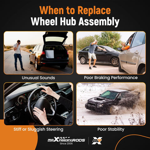 Collage showing reasons to replace wheel hub assembly: unusual sounds, poor braking, stiff steering, poor stability.