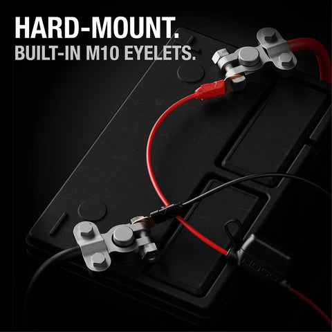 Installed X Connect M10 XL Eyelet Terminal Accessory for Genius Smart Battery Chargers with built-in M10 eyelets and cables.