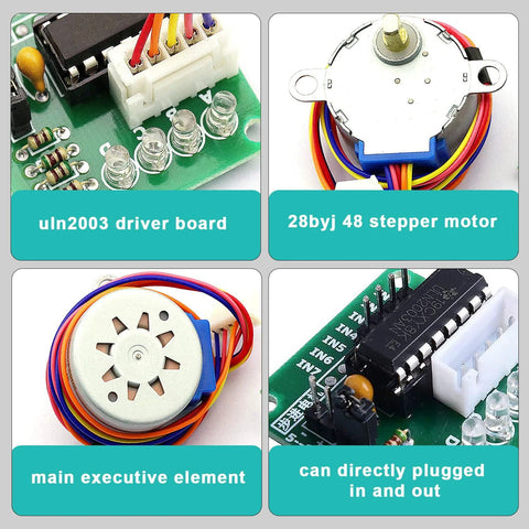 Five 28BYJ-48 stepper motors with ULN2003 driver boards and wiring for Arduino (5V)
