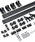 Six Foot Heavy Duty Bypass Barn Door Hardware Kit For Exterior Doors, Black Box Track Sliding System, installation components visible.