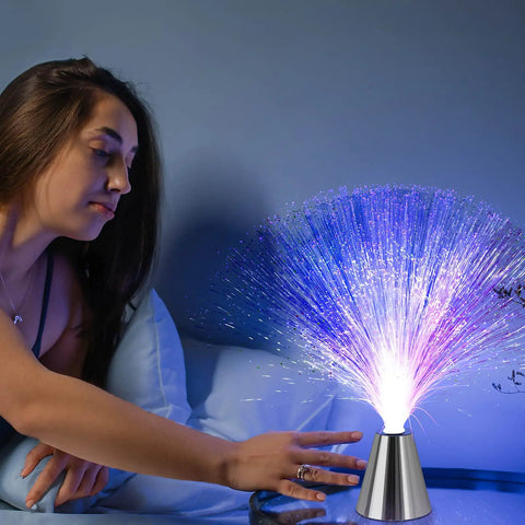 Person touching 2 Pack Fiber Optic Lamp With Cone Base LED Color Changing Lights For Calming Mood Night Light Sensory Ambient Lighting