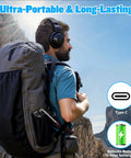 Man hiking with backpack, wearing headphones and All Band Pocket Radio Receiver With AM FM LSB USB CW RTTY Si4732 visible in pouch