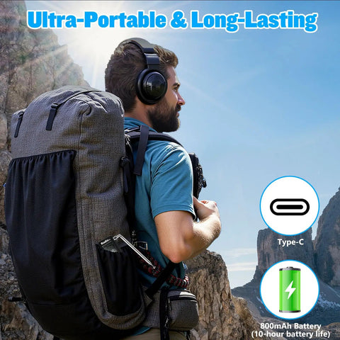 Man hiking with backpack wearing headphones, highlighting 800mAh battery life of Mini Pocket Radio With Si4732 ATS All Band Receiver.