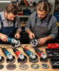 Two workers using Heavy Duty Multi Function Angle Grinder Wrench And Flange Nut Adjuster For Quick Disc Swaps on angle grinders.